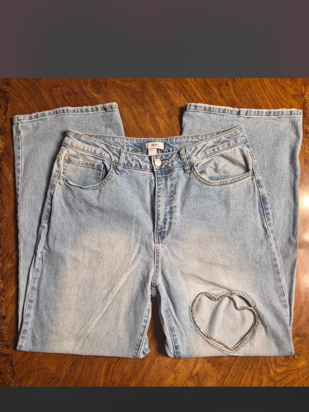 Forever 21 Light Blue Straight Leg Jeans with Heart Stitch